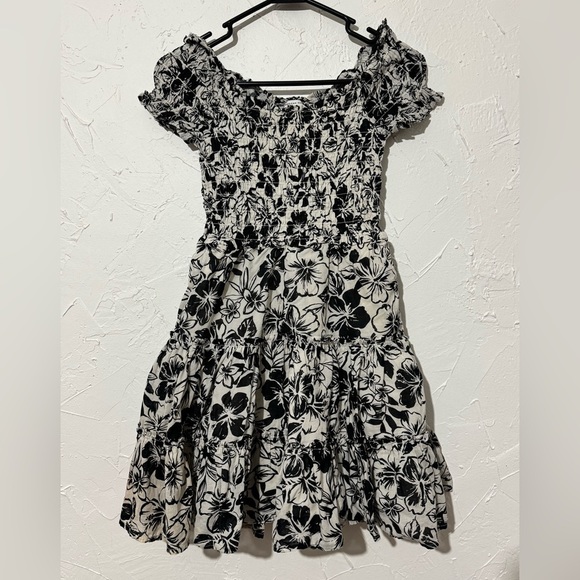 American Eagle Dress Size XS Black Ivory Floral Off Shoulder Smocked Cotton - Picture 9 of 11